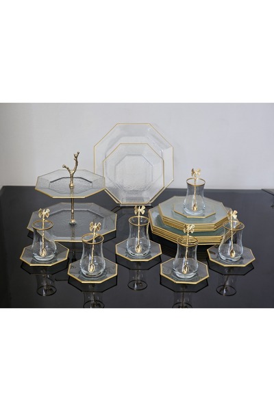 Barok Gold Cam pasta çay seti