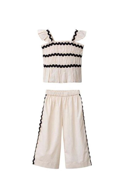 Magu Girls Linen Cream Ruffle Blouse and Wide Leg Pants Set