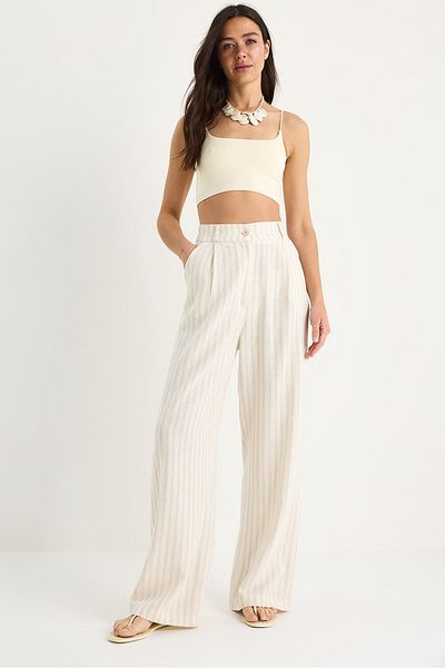 Bianco Lucci Women's Thick Striped Linen Palazzo Trousers with Pocket Detail 3263 60281062