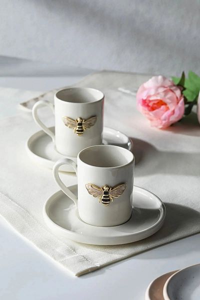 YzHome 2-Person White Porcelain Bee Coffee Cup Set Presentation Cup