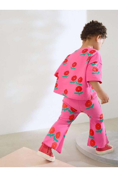 Magu Girl's Cotton Pink Floral Print T-Shirt and Spanish Flare Pants Set