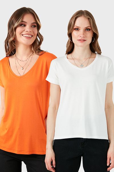 Lela V-Neck Relaxed Fit Slit Detailed 2'Li Package Blouse Bluz 5862000S2