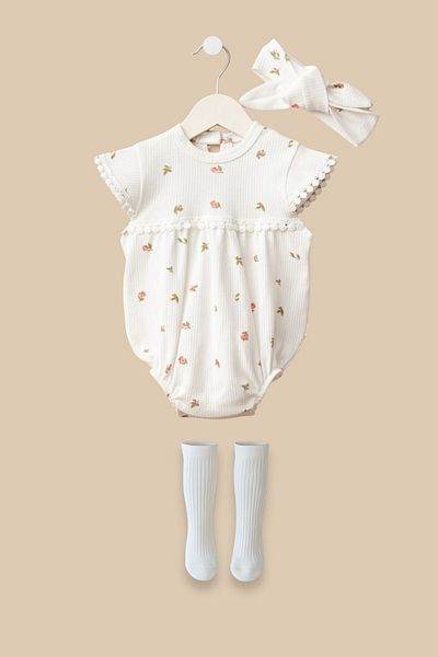Minytrendy Baby Girl 3 Piece Summer Romper with Socks Bandana Newborn Jumpsuit Body Baby Gift