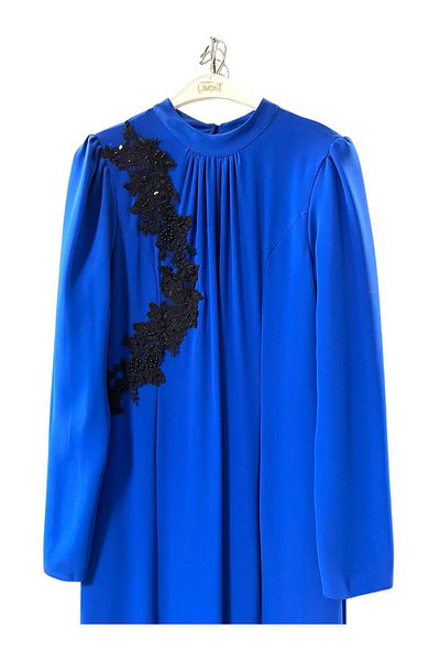 RENAR Blue Hijab Stylish Evening Dress with Guipure Detail on the Back Wedding Engagement