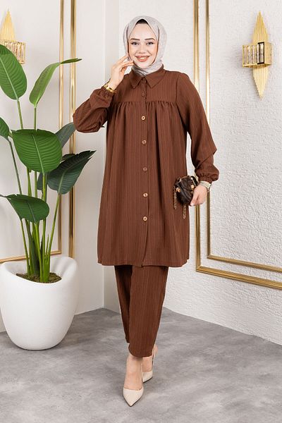 Tesettür Dünyası Buttoned Double Suit Tsd250172 Brown