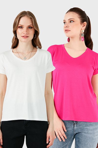 Lela V-Neck Relaxed Fit Slit Detailed 2'Li Package Blouse Bluz 5862000S2