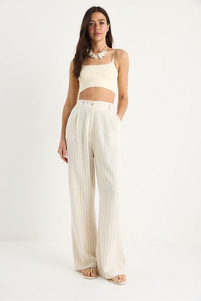 Bianco Lucci Women's Thick Striped Linen Palazzo Trousers with Pocket Detail 3263 60281062
