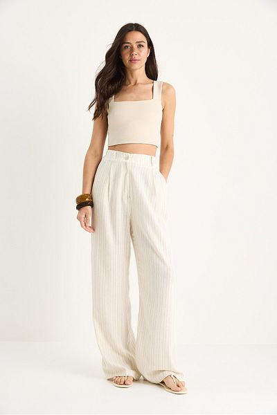 Bianco Lucci Women's Striped Linen Palazzo Trousers with Pocket Detail 3263 60281059