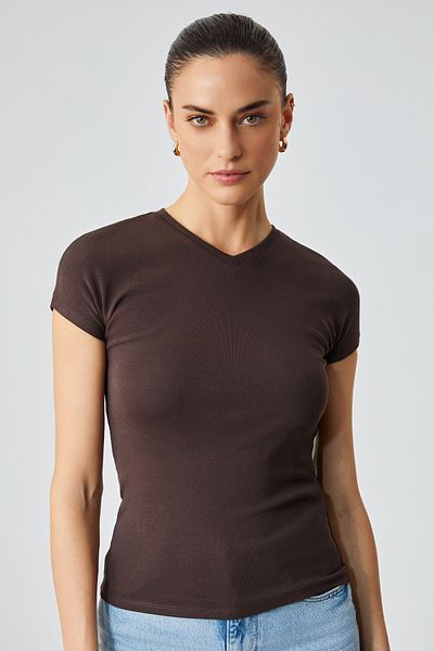 GRIMELANGE Marta Women's V-Neck Short Sleeve Slim Brown T-Shirt