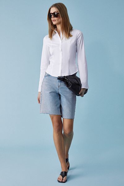 GRIMELANGE Grinne Women's Slim Shirt Collar Long Sleeve Slim Long White Shirt