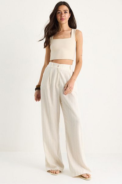 Bianco Lucci Women's Striped Linen Palazzo Trousers with Pocket Detail 3263 60281059