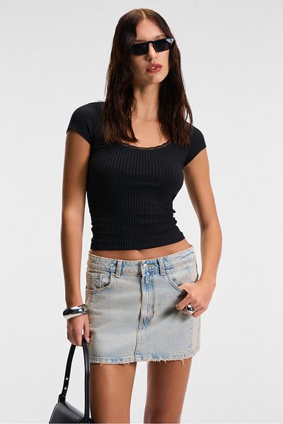 GRIMELANGE Hanıffıs Women's Slim Pool Collar Short Sleeve Thin Black Blouse