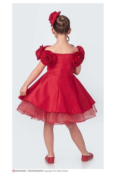 Magu Girl's Red Rose Sleeve Evening Dress