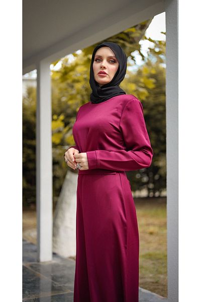 HARİKA WEAR Comfortable Purple Crepe Satin Belt Dress (Can Be Weared Separately or under the Ferace)