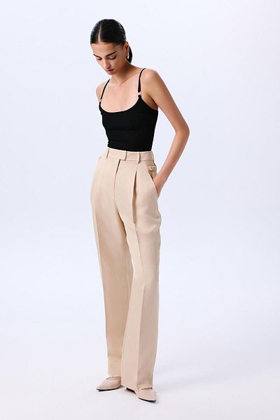 rue Beige Pleated Trousers with Ironing Detail