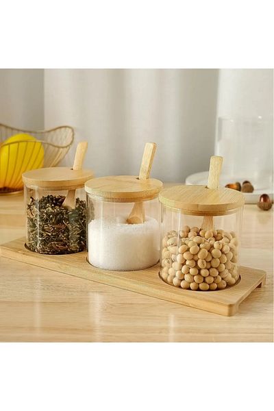 behila Glass Spice Rack Set with Bamboo Stand, Lid and Spoon Stylish 3 Pieces, 3-Piece Glass Spice Rack Artworks