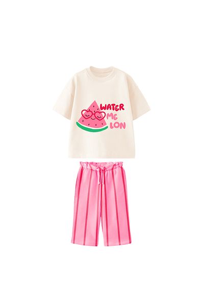 Magu Girl's Cotton Watermelon Printed T-Shirt and Pink Striped Pants Set