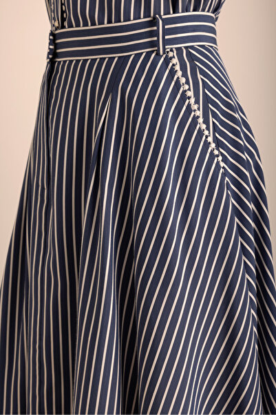 Aker Çizgili Top Şerit Aksesuar Detaylı Viscon Etek