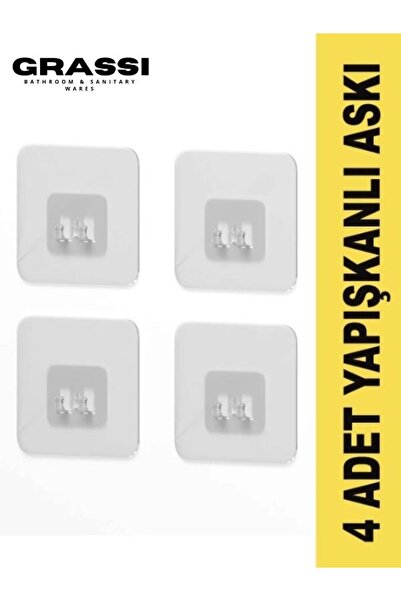 Grassi 7x7 CM Süper Güçlü Yapışkanlı Banyo Askısı Yedek 4 Adet Sticker Raf Tu...