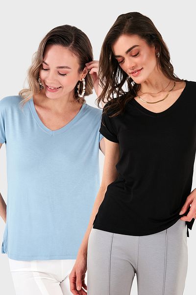 Lela V-Neck Relaxed Fit Slit Detailed 2'Li Package Blouse Bluz 5862000S2