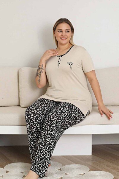 ALİMER Embroidered Women's Pajama Set - Beige Large Size Short Sleeve Lycra Bamboo Viscose 2857Kyb