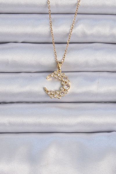 Skygo Gold Colored 316L Zircon Cubic Zirconia Moon Necklace - Tj-Bko9073