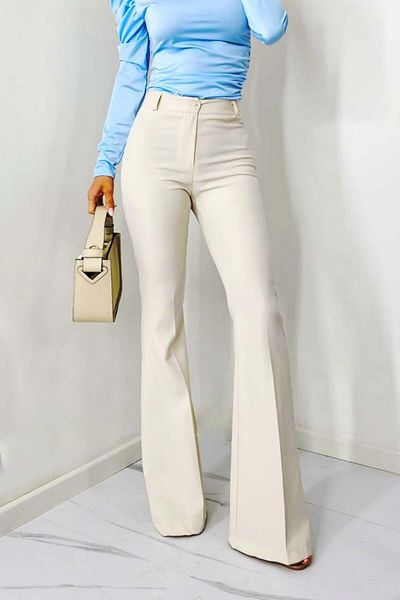 FashionForYou Elegant Trousers, Katte, Flared Cut And High Waist, Cream, M