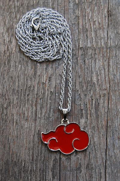 Rua Jewelry Naruto Anime Akatsuki Cloud Necklace - Red Enamel Silver Color with Twist Chain