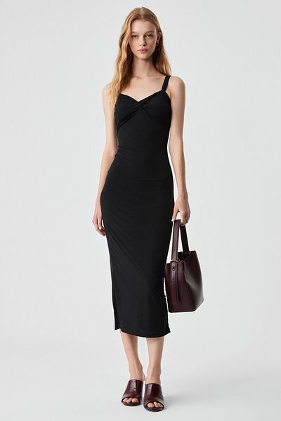 GRIMELANGE Pearla Women Regular Sleeveless Hanging Neck Black Dress