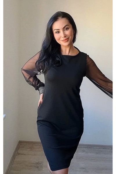 Silerra Rochie scurtă din crep pentru femei, cu mâneci lungi, cu mâneci deschise laterale, din tul și piatră