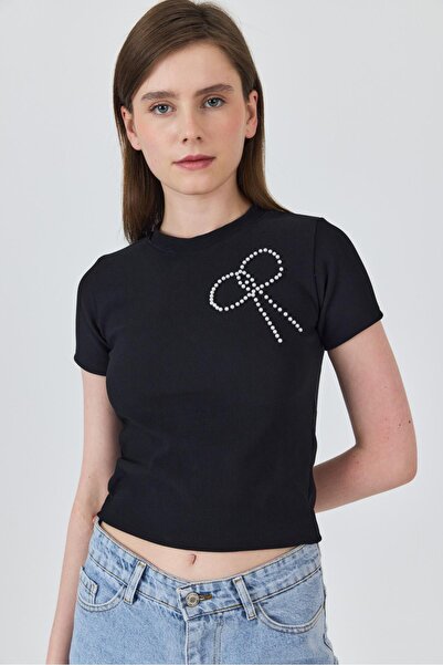 Rays Tricou slim cu perle negre brodate cu panglică 2229