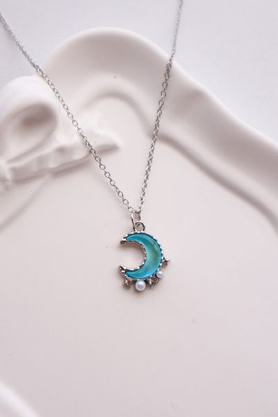 EFBUTİK Silver Color Chain with Blue Pearl Detail Moon Imported Necklace