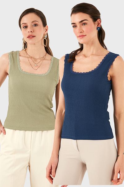 Lela Slim Fit Thick Lace Square Collar Wrap 2 Pack Undershirt Athlete 5864979S2