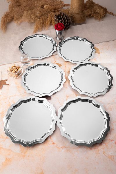 Aslı Hediyelik 6-Piece 24 cm Wavy Round Silver Decorative Tea, Coffee, Refreshment, Cake Presentation Serving Tray