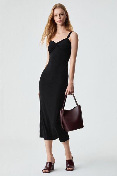GRIMELANGE Pearla Women Regular Sleeveless Hanging Neck Black Dress