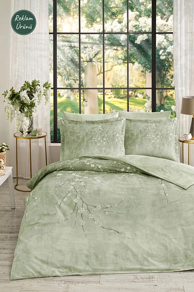 Özdilek Özdilek Green White Sakura King Size Fitted Sheet Duvet Cover Set