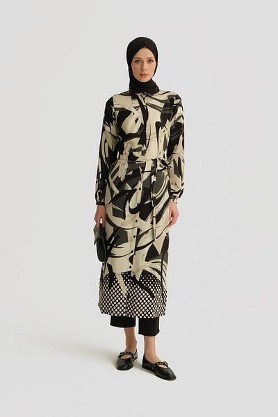 Armine Patterned Viscose Tunic Dress 25Yt402 Black - White
