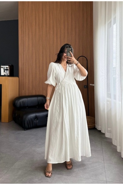 Butik Balon kol müslin kumaş elbise