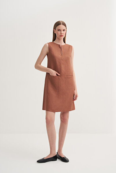 Jorbinol Agraflı Çift Cepli Keten Elbise