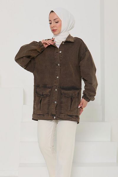 TOFİSA Women's Oversize Gusseted Pocket Denim Jacket Tint-Brown - 26578
