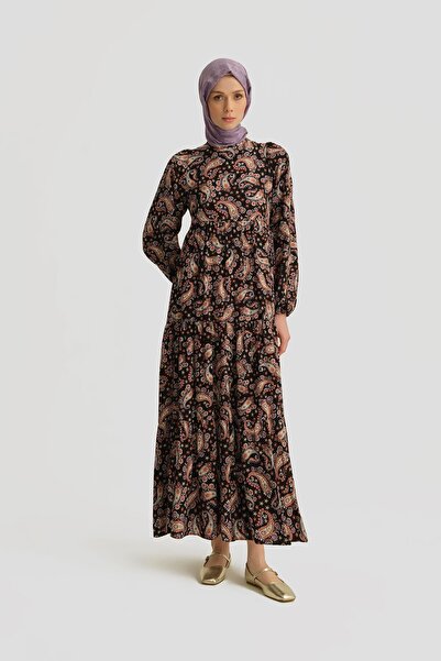 Armine Şal Desenli Elbise 25yt914 Siyah