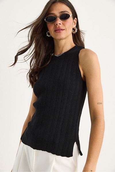 Bianco Lucci Women's Crew Neck Ribbed Knitwear Blouse 20251024