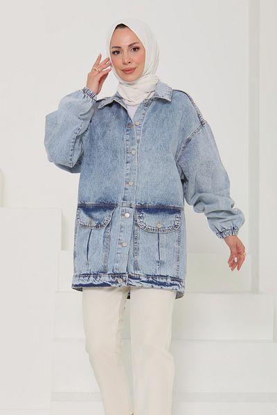 TOFİSA Jachetă de blugi oversize pentru femei, cu buzunar cu burduf, albastru gheață - 26578