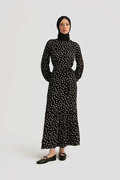 Armine Desenli Elbise 25YT909 Puantiyeli Siyah
