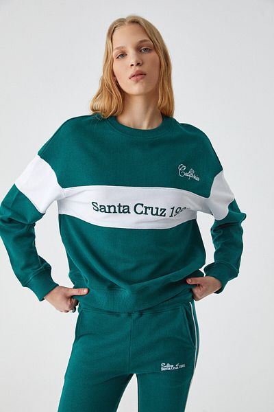 GRIMELANGE Nınoska Women's Oversize Fit Embroidery Detailed Long Sleeve Crew Neck White / Green Sweatshirt