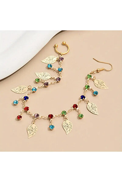 Girift Vintage Arova Yaprak Detaylı Renkli Taşlı Kulak Ve Burun Zinciri - Hint Hızması