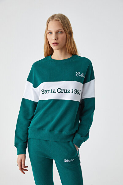 GRIMELANGE Hanorac alb/verde pentru femei Nınoska, cu mânecă lungă, cu broderie, cu decolteu, alb/verde