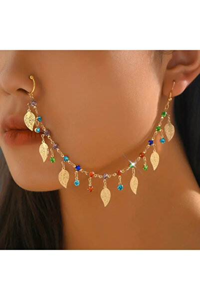 Girift Vintage Arova Yaprak Detaylı Renkli Taşlı Kulak Ve Burun Zinciri - Hint Hızması