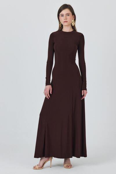 Rays Rochie maxi maro cu mânecă lungă din țesătură elastică 2510