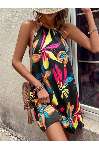 Silerra Rochie de damă, fără umeri, cu imprimeu floral, cu decolteu, din jerseu